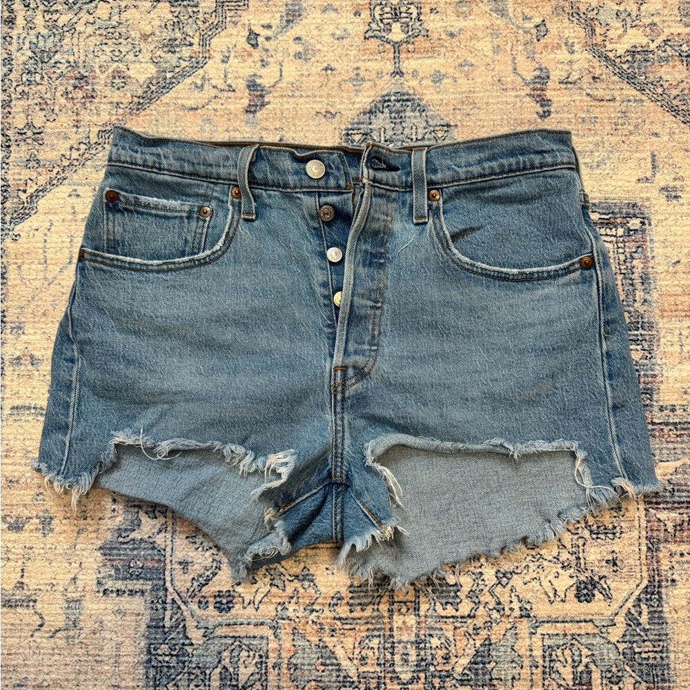 Levi 501 Stylish Blue Distressed Jean Shorts